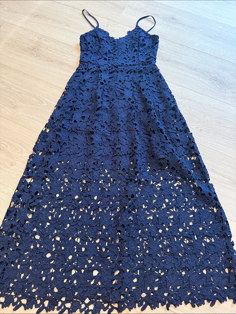 Endless Rose Navy Crochet Maxi Dress with Spaghetti Straps